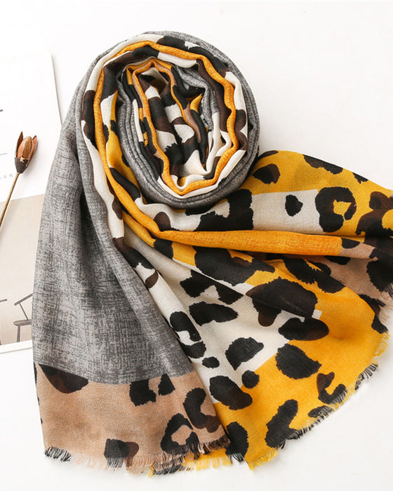 Women's Leopard Patchwork Print Fringe Shawl Scarf