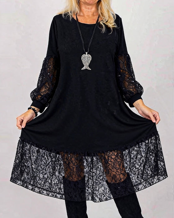 Round Neck Lace Patchwork Loose Dress