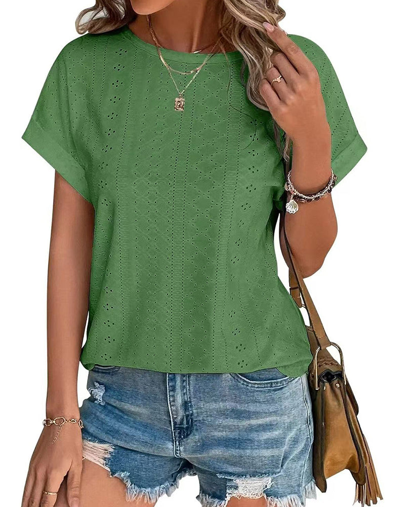 Solid Color Crew Neck Loose Short-Sleeve Blouses