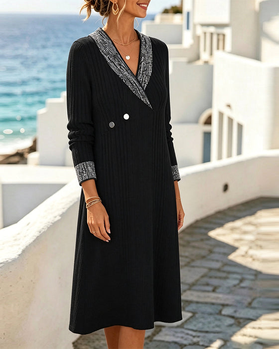 V-Neck Color-Block Casual Dress
