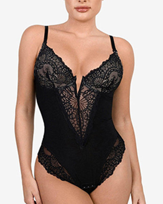 Deep-V Neck Lace Shapewear Bodysuit