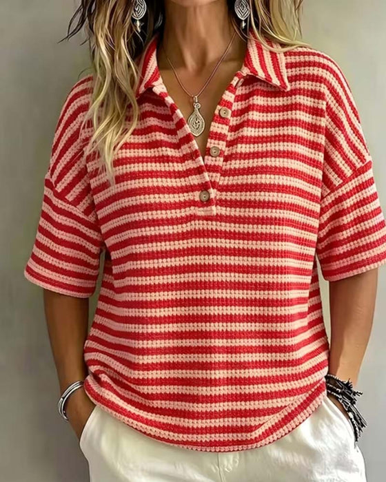Polo Collar Striped Button-Front Blouse