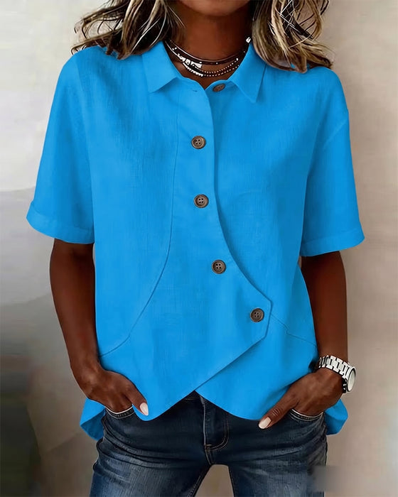 Asymmetrical Cotton Linen Placket Button-Down Shirt