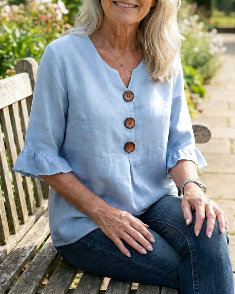 Solid-Color Cotton-Linen Wooden Buttons Ruffles Blouses