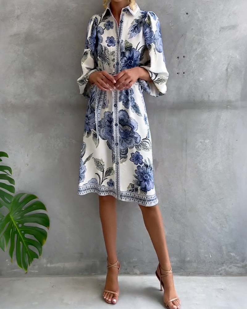 French Lantern Sleeve Notched Collar Printed Dress