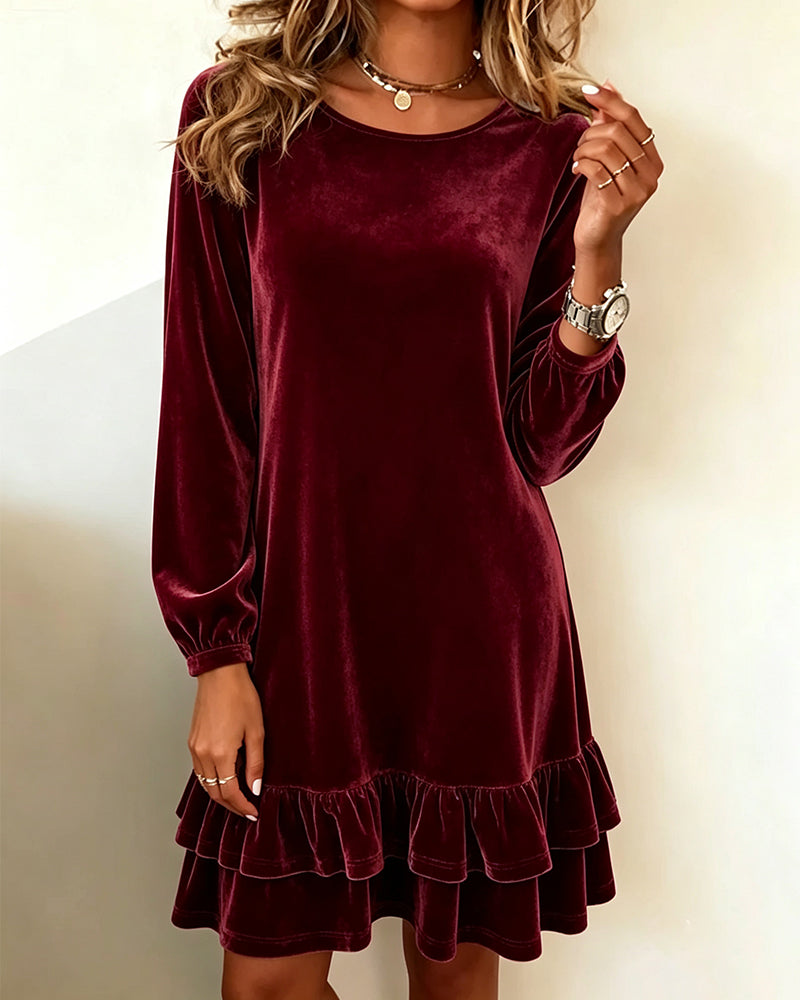 Round Neck Long Sleeve Ruffle Dress