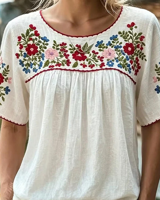 Crew Neck Embroidered Bohemian Blouse