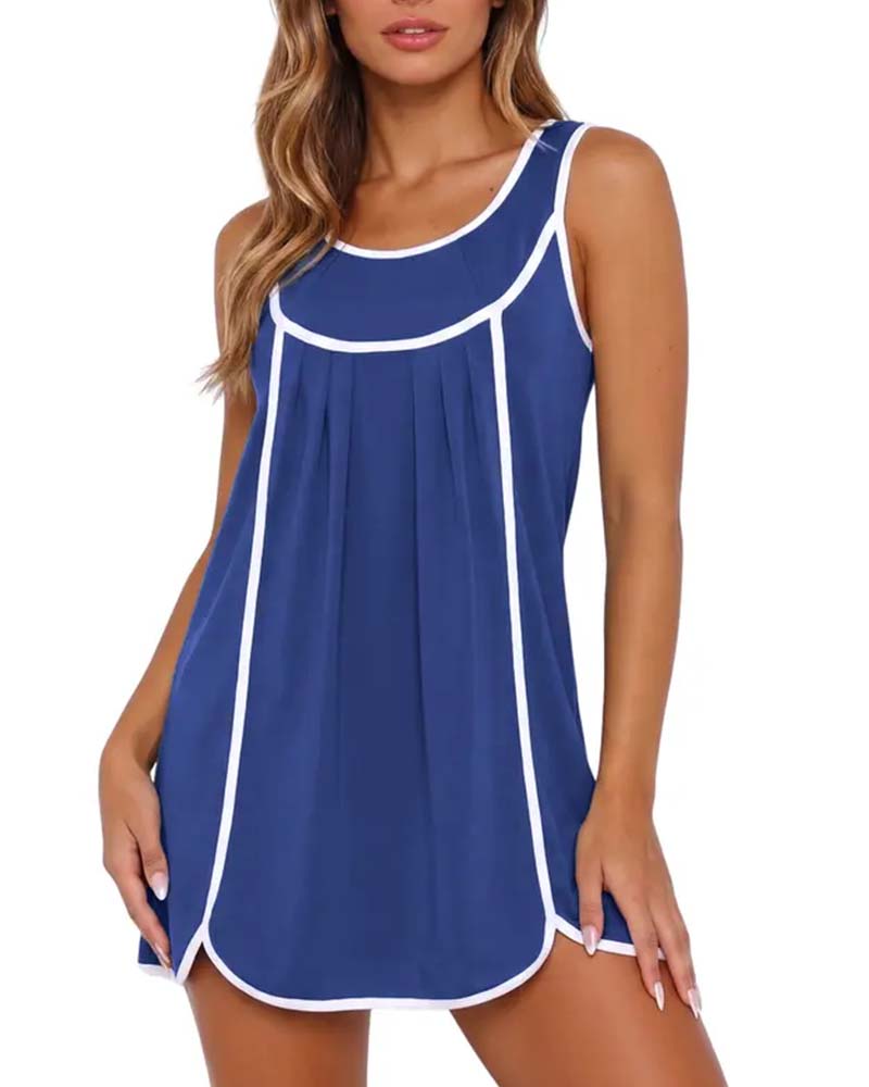 White-Trimmed Color-Blocked Sleeveless Dress