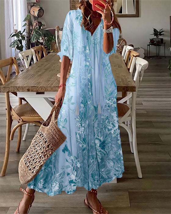 V-Neck Floral Ruffle Full Skirt Dress