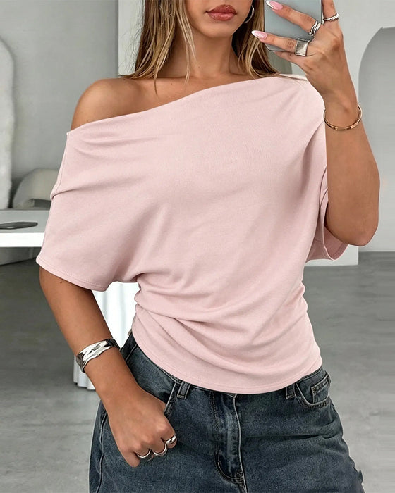 Batwing Sleeve Off-Shoulder Solid Blouse