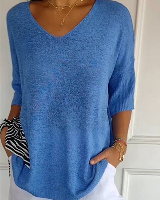 💖 Solid Color Knitted Top With V-Neck