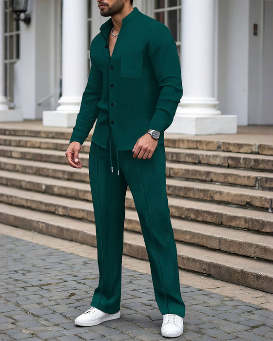 Men's Two-Piece Casual Waffle Shirt Pants Set