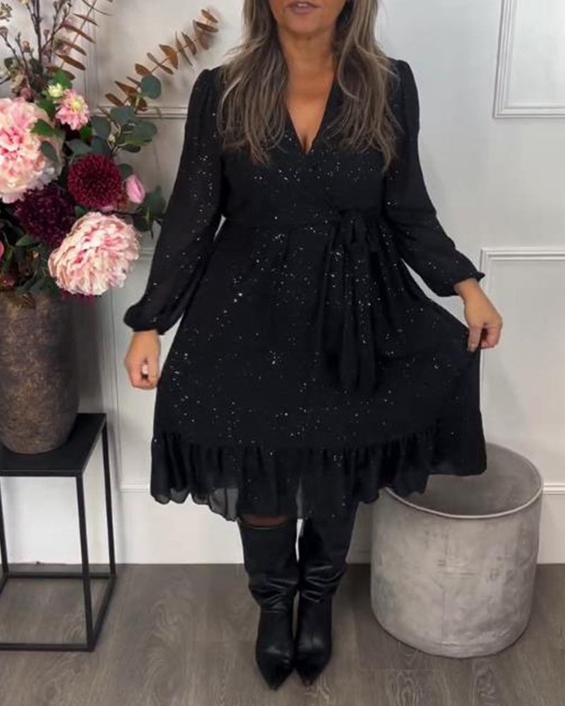 V-Neck Tie-Waist Shimmer Dress