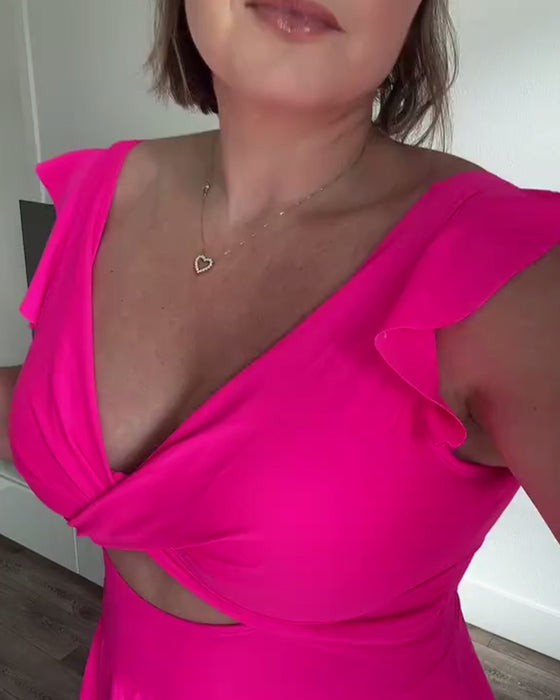 Ruffle Sleeve Solid Color Swimsuit
