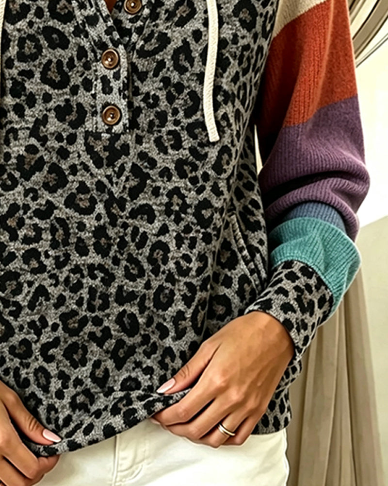Leopard Color-Block Button Hoodie