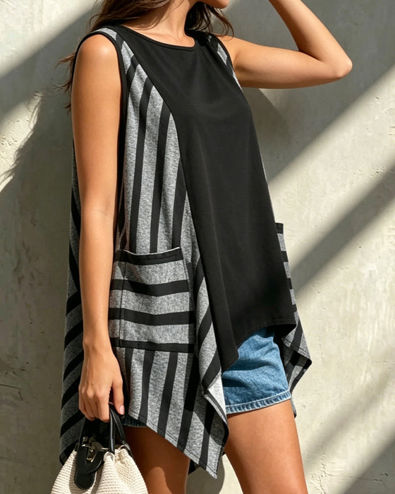 Round Neck Sleeveless Striped Contrasting Irregular Tank Top