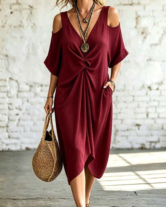 Solid Color Cold Shoulder Shirred Dress