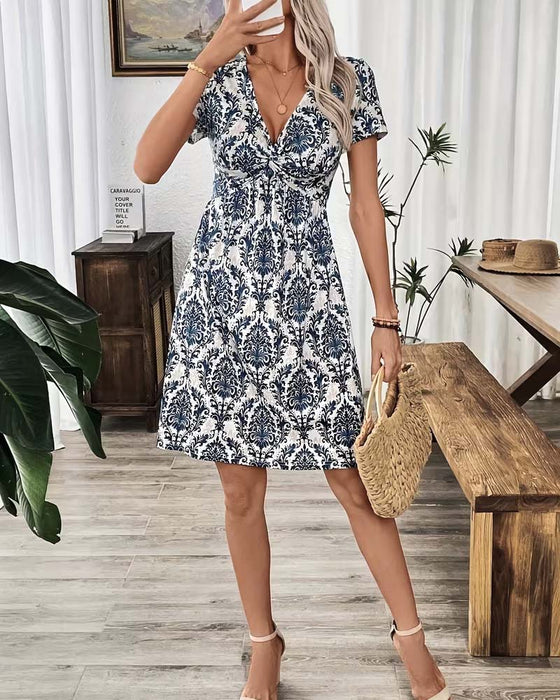 V-Neck Ruched High Waist Bohemian Dress