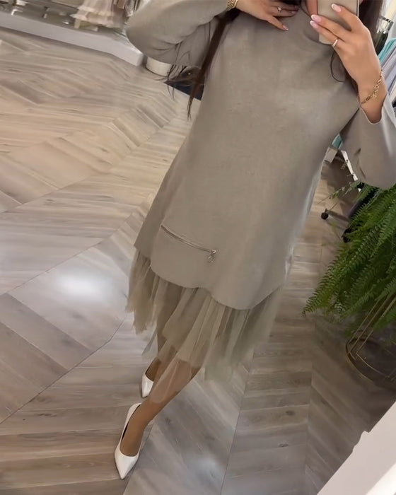 High collar mesh patchwork dress
