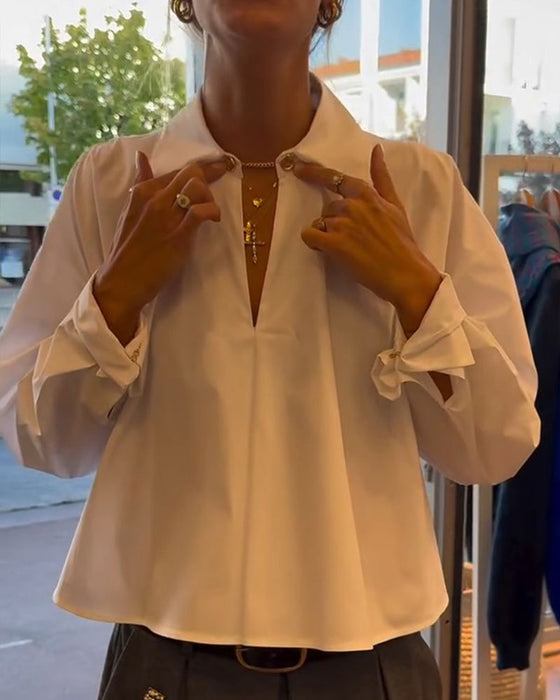 Lapel V-Neck Cropped Long Sleeve Blouse