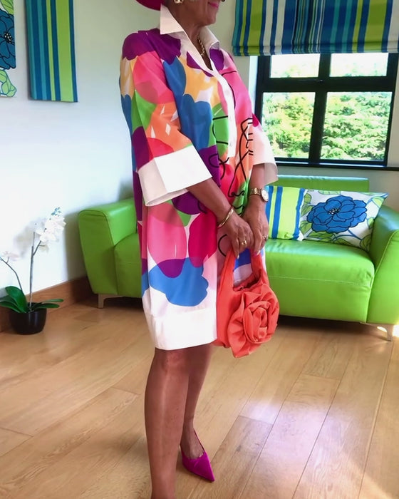 Lapel color portrait print dress