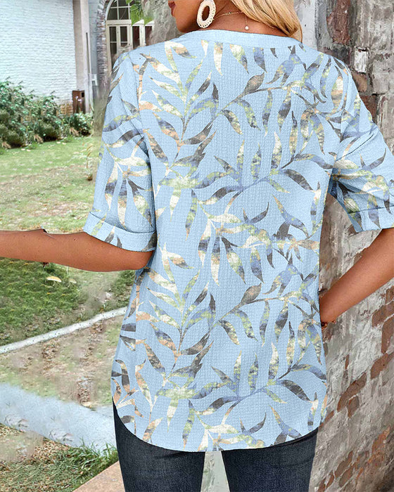 Short-Sleeved Faux Pocket Print Blouse