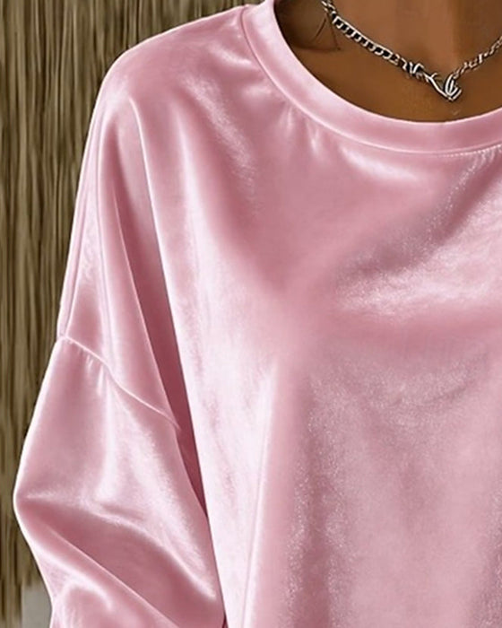 Crew Neck Drop Shoulder Relaxed Long Sleeve Blouse