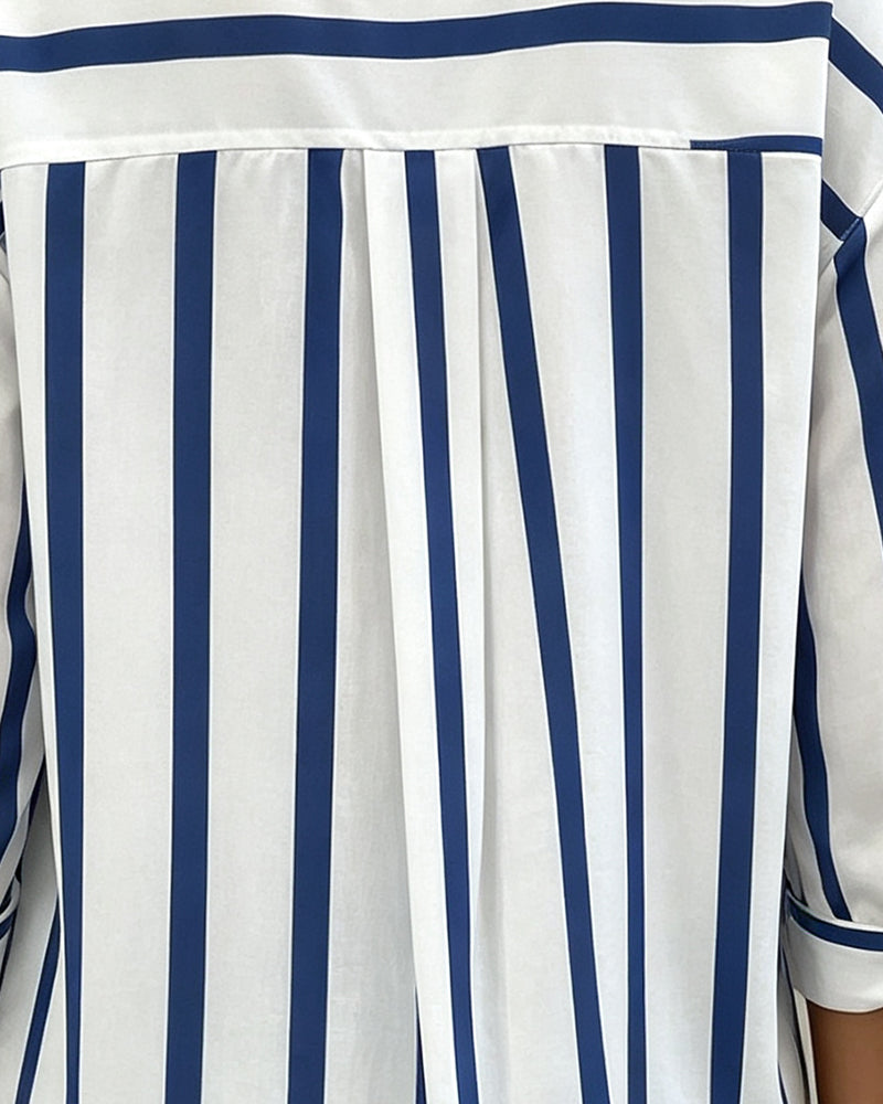 Lapel Striped Button-Down Blouse