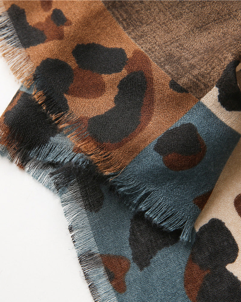 Women's Leopard Patchwork Print Fringe Shawl Scarf