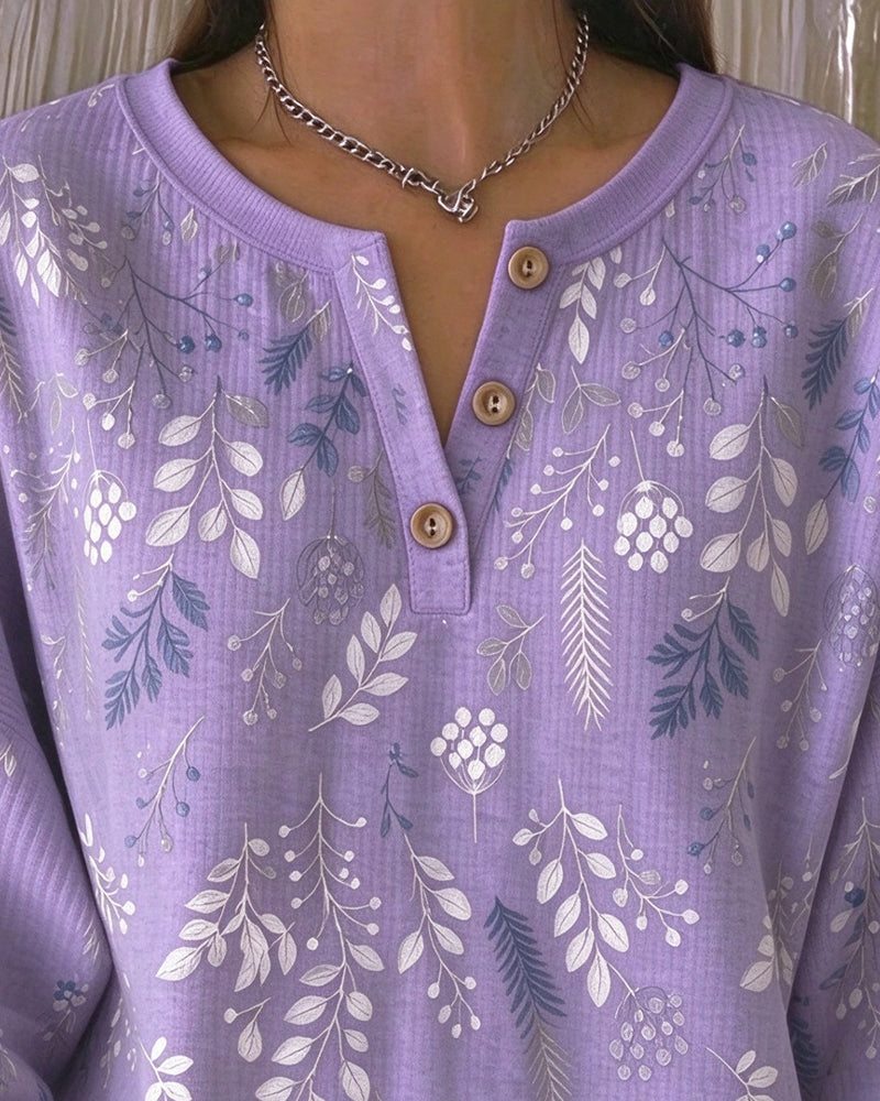 Waffle Henry Collar Floral Print Sweatshirt