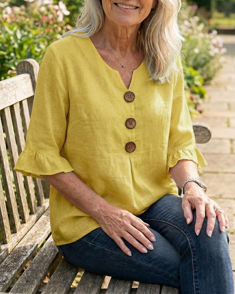 Solid-Color Cotton-Linen Wooden Buttons Ruffles Blouses