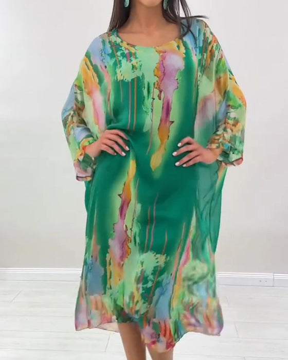 Round Neck Bat Sleeve Smudged Dress