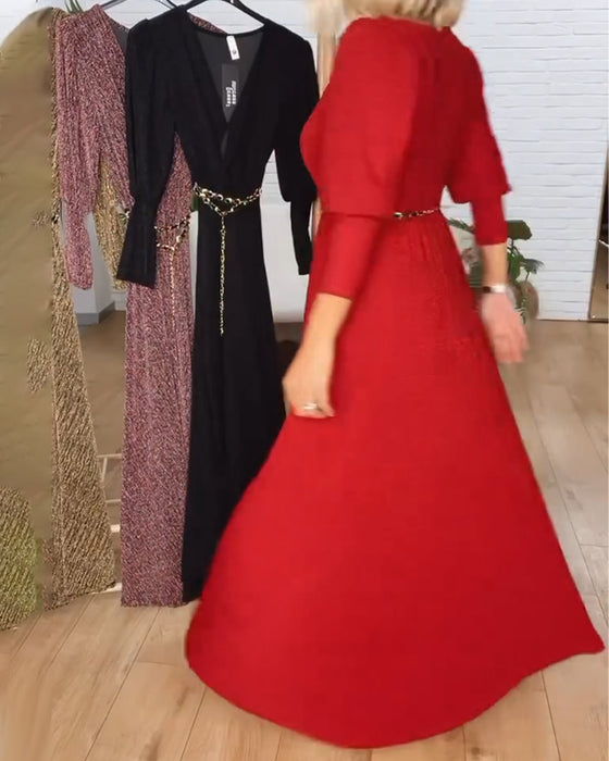 Stylish Solid Color V-Neck Dress