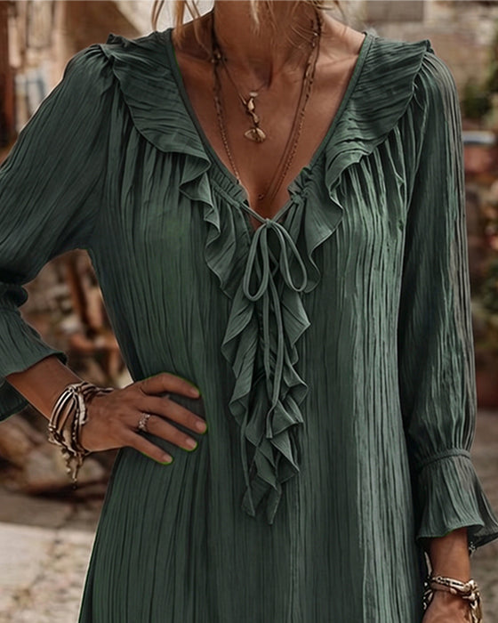 Ruffle Collar Tie Three Quarter Sleeve Dress