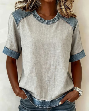 Denim Patchwork Short-Sleeved Top