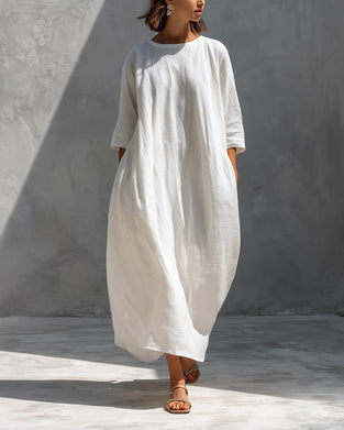 Half Sleeve Solid Color Loose Cotton Dress