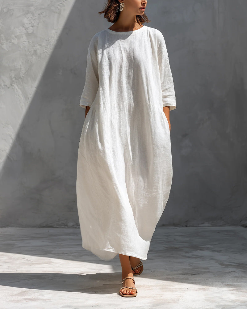 Half Sleeve Solid Color Loose Cotton Dress