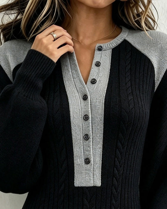 V-Neck Buttoned Contrast Sweater Dress