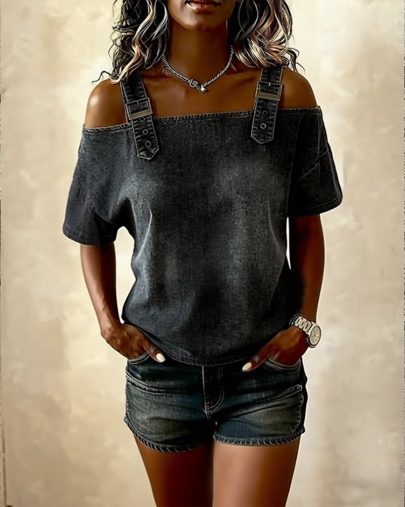 Off-Shoulder With Shoulder Strap Denim Blouse