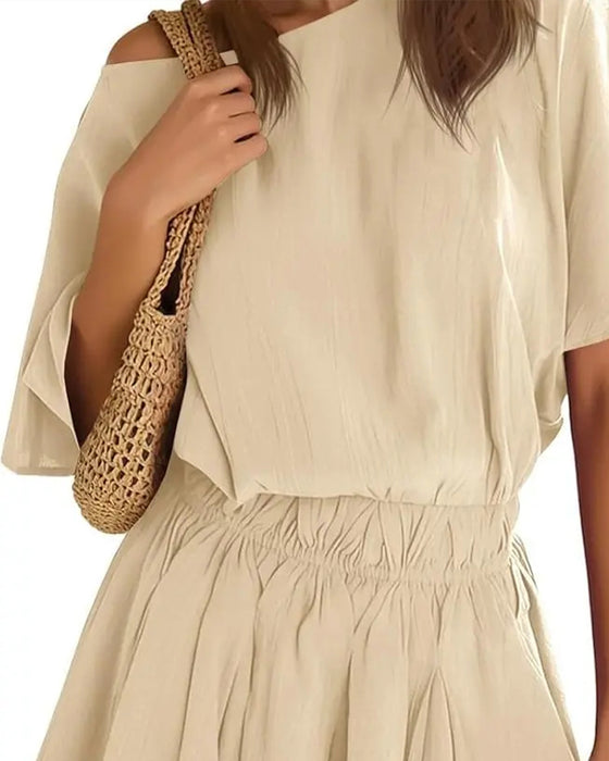 Slant Collar Ruffle Sleeve Pleated Set