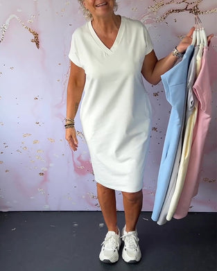 Solid color V-neck short sleeve dress