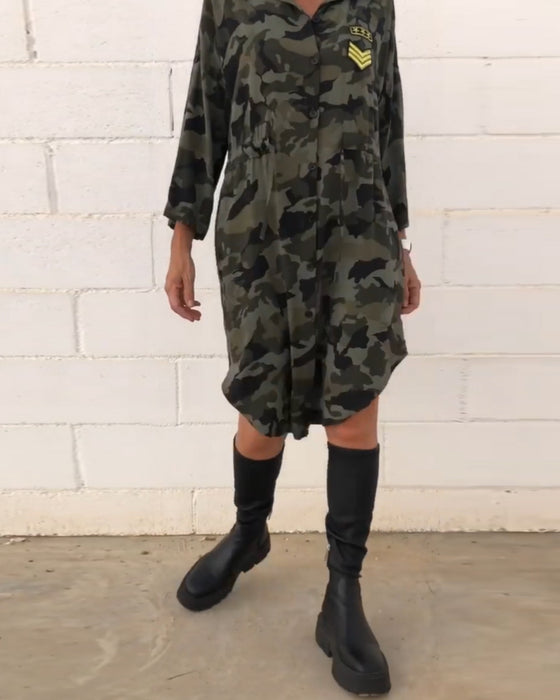 Camouflage Printed Long Sleeve Dress