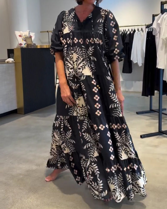 Tie Floral Full Skirt Vacation Maxi Dress