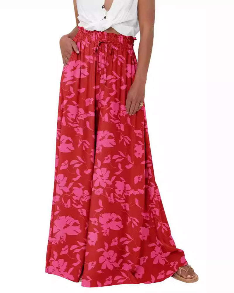 Floral Solid Color High-Waist Wide-Leg Pants