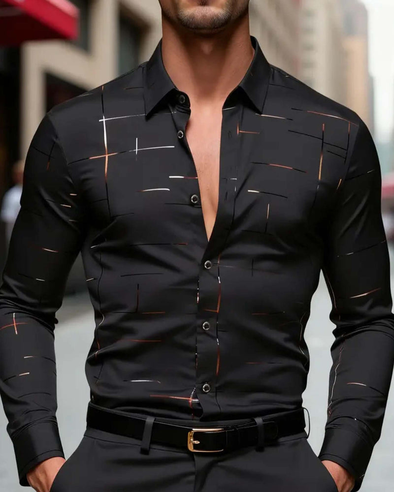 Men's Turn-Down Collar Striped Print Long Sleeve Shirt