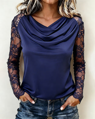Cowl Neck Lace Panel Long Sleeve Blouse