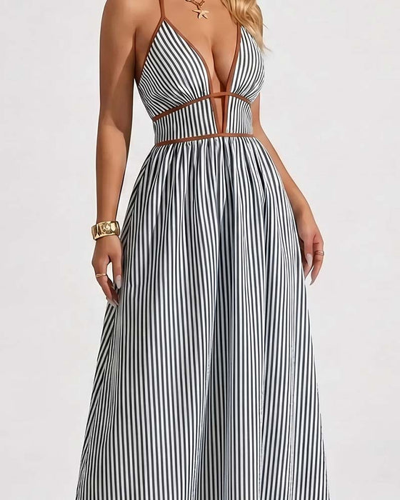 Deep V-Neck Spaghetti Strap Stripe Long Dresses