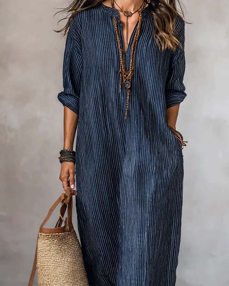 V-Neck Striped Mock Neck Dress