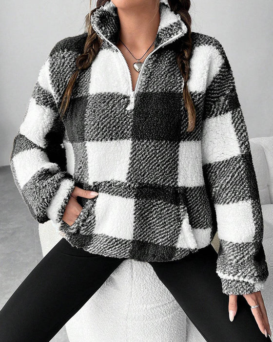 Half-Zip Stand Collar Plaid Sweatshirt