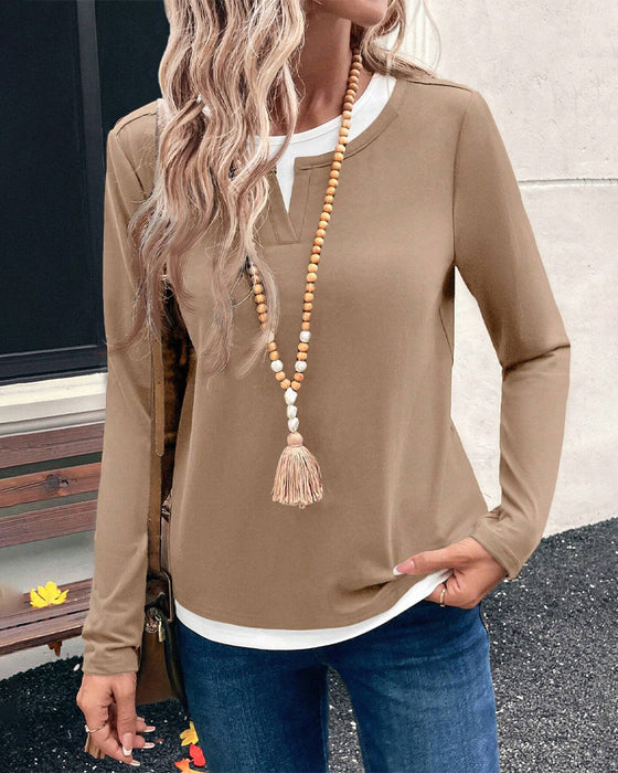 Long-Sleeved Fake Two-Piece Solid Color Top